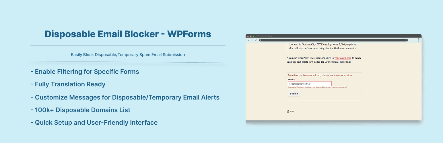 Disposable Email Blocker – WPForms banner